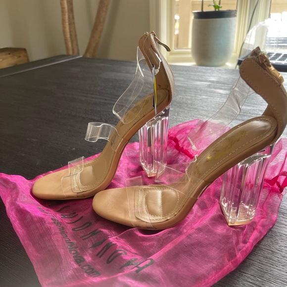 Clear Strap Ankle Block Heels- Nude - Picture 3 of 5
